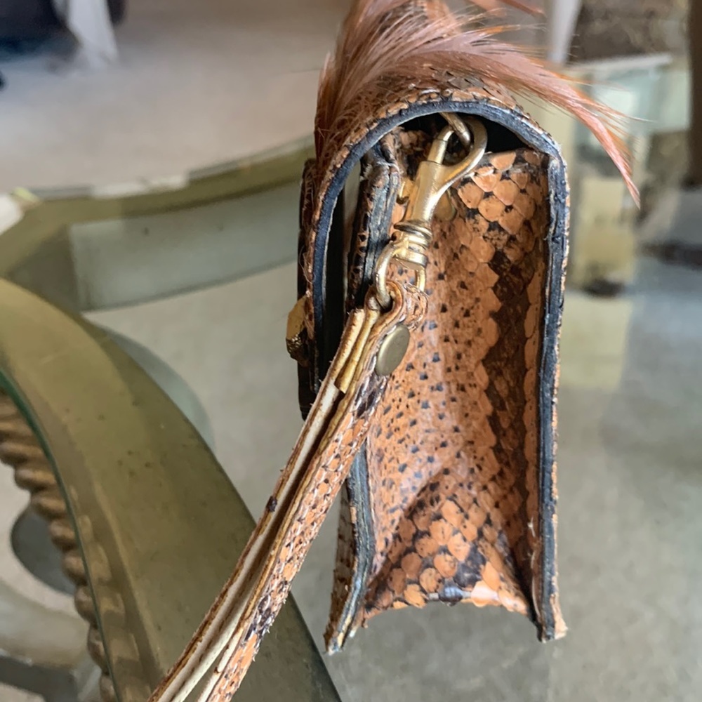 Python Baguette Flap Wristlet Clutch, Feathers & … - image 8